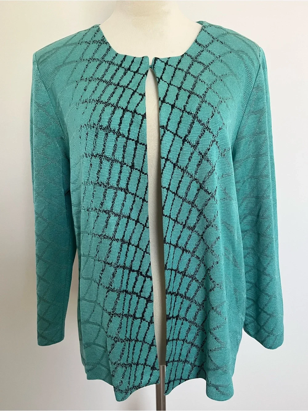 Ming Wang XL Turquoise Black Abstract Knit Open Front Cardigan Jacket Office